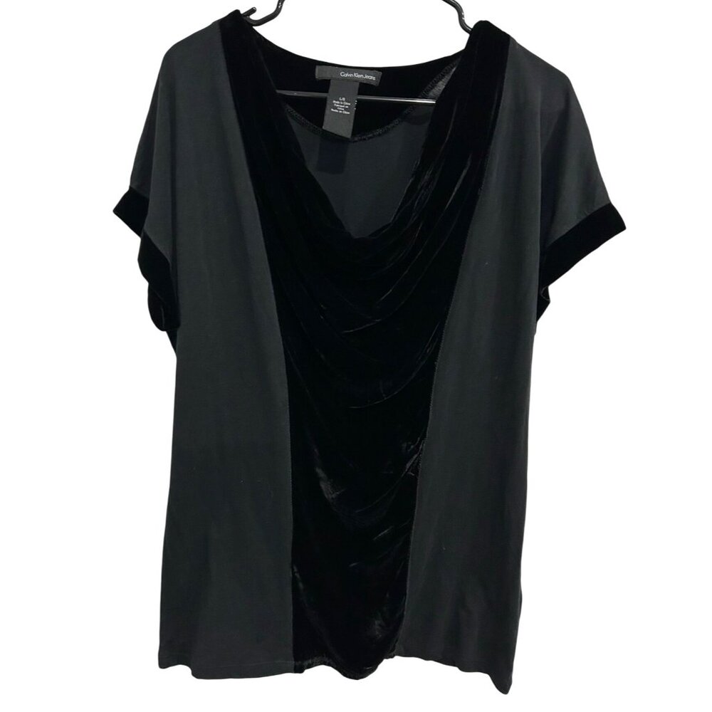Calvin Klein Jeans Black Draped Velvet Accent Short Sleeved Top Sz Large
